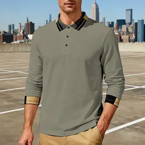 Casual herenpolo met lange mouwen, jacquard textuur en gestreepte manchetten