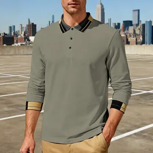 Graues Herren-Langarm-Poloshirt mit kontrastierendem Streifenkragen und Manschetten
