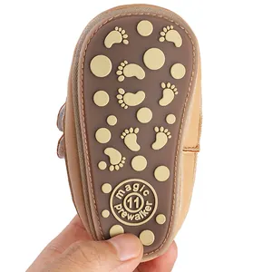 Detailed macro view of the non-slip sole on baby prewalker shoes with footprints