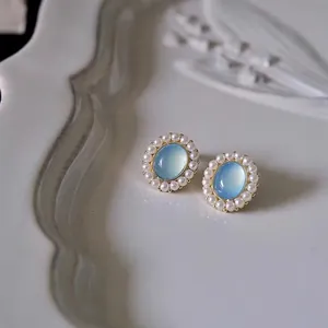 Retro Hongkong Stil Blau Katzenaugenstein Ohrringe Mit Künstliche Perle Elegant Legierung Ohrstecker Für Damen Schmuck