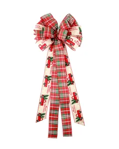 Wired edge faux burlap Christmas bow featuring red plaid and vintage truck print.
