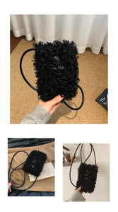 Close-up of a stylish black fuzzy phone bag featuring a toggle closure and slim strap