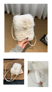 Close-up of vintage fluffy white faux fur crossbody phone bag in soft indoor setting