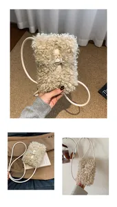 Detailed view of cream sherpa fleece crossbody bag with toggle closure and thin strap