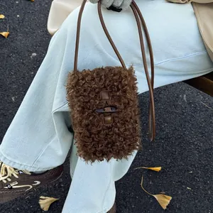 Korean Retro Fuzzy Crossbody Bag for Women Autumn Winter Faux Fur Plush Mini Shoulder Phone Bag with Toggle Button