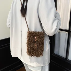 Elegant Korean style retro brown fuzzy plush crossbody shoulder phone bag for women