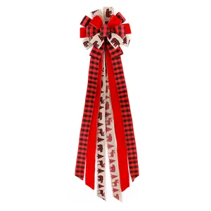 Large Christmas tree decorative bow with buffalo plaid and forest wildlife patterns