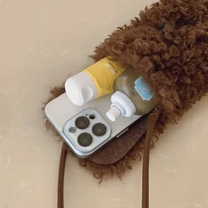Retro brown fluffy plush crossbody phone bag for women with soft faux fur texture