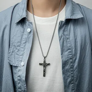 Trendy hip hop crucifix pendant necklace in cast stainless steel with punk style for men