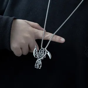 Gothic punk grim reaper skeleton pendant necklace for men in vintage silver finish