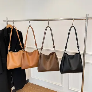 Women Retro Large Capacity Tote Bag Autumn Winter Fashion PU Leather Bucket Shoulder Bag With Knot Straps Solid Color Handbag