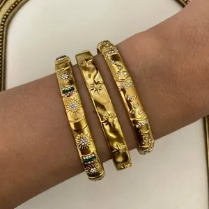Vintage Stainless Steel Open C Bangle For Women Gold Plated Star Moon Sun Flower Evil Eye Rhinestone Cuff Bracelet Jewelry