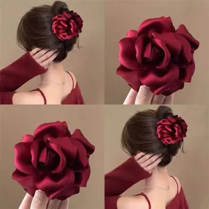 Elegant large red satin rose flower hair claw clip for women's hair styling accessory