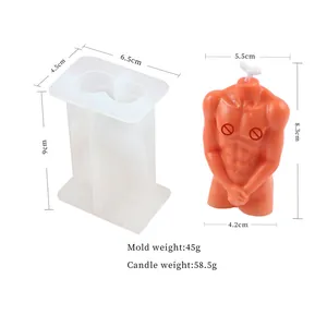 3D male torso silicone candle mold showing dimensions and finished orange wax candle.