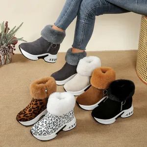 Women Winter Snow Boots Faux Fur Collar Wedge Heel Platform Suede Mid Calf Boot With Side Zipper Warm Thick Fashion Shoes