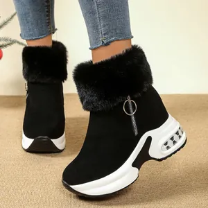 Stylish black women's wedge snow boots featuring plush faux fur trim and thick soles.