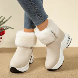 Stylish beige wedge snow boots for women with plush faux fur trim and thick soles.
