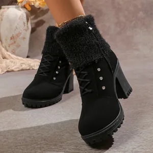 Close-up of black chunky heel boots with rhinestone accents and faux fur collar.