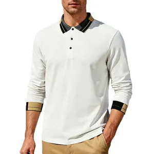 Wit heren poloshirt met lange mouwen, jacquard patroon en contrastkraag