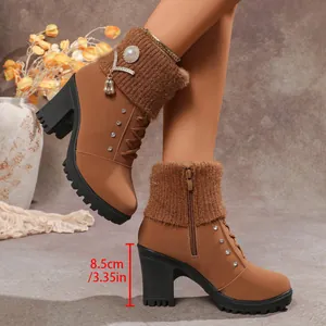 Elegant brown rhinestone ankle boots with knit collar and 8.5cm chunky high heels for women