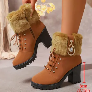 Brown faux fur trim ankle boots with 8cm chunky high heel and rhinestone detail.