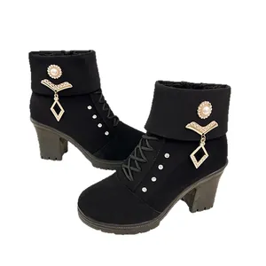 Elegant black chunky high-heel boots for women with sparkling rhinestone and pearl details