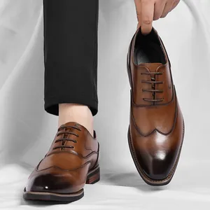 Men Business Derby Shoes Wingtip Brogue Leather Formal Wedding Dress Shoes Breathable Comfortable Lace Up Flat Shoes