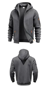 Front and back detail views of a men's heavy dark gray fleece zip-up hoodie jacket