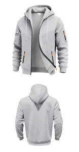 Front and back view of men's grey heavy fleece zip-up hoodie with utility pockets