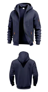 Heavy fleece navy zip-up hoodie for men with utility cargo pockets and orange details