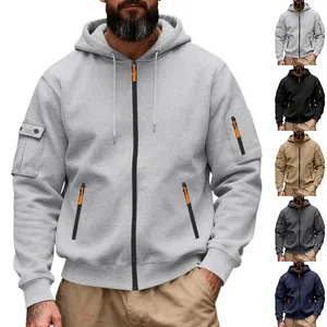 Men's Heavyweight Fleece Hoodie Jacket American Workwear Style Full Zip Up Sweatshirt With Multi Pockets Casual Sporty Coat