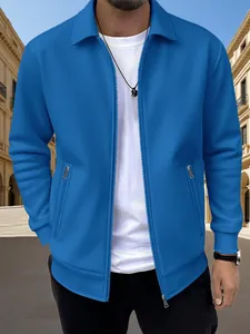 Veste zippée pour homme à col revers, bleu uni, texture gaufrée moderne, coupe ajustée