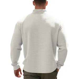 Vista posteriore della felpa casual da uomo con mezza zip e trama a nido d'ape bianca