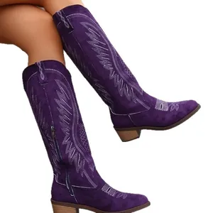 Purple embroidered western cowboy knee-high boots with chunky heel and side zipper