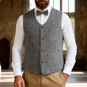 Detail of grey heavyweight wool vest with four pockets and contrasting red buttons