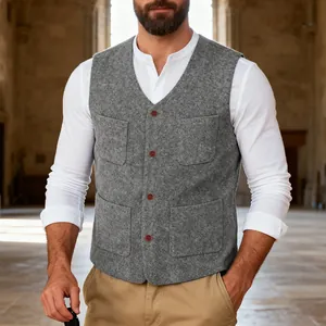 Close-up of a grey heavyweight wool vest with four pockets for a classic retro look