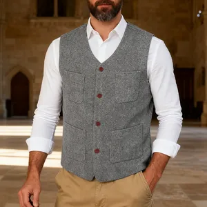 Classic grey wool vest for men with a sophisticated four-pocket design and slim fit style