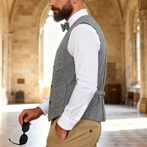 Side view of a grey slim-fit wool tweed waistcoat for men in a classic setting