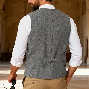 Detailed back view of a grey slim fit wool vest for men with an adjustable cinch buckle