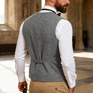 Back view of a grey heavyweight wool waistcoat for men with adjustable buckle