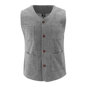 Front view of a grey textured wool vest for men featuring four pockets and brown buttons