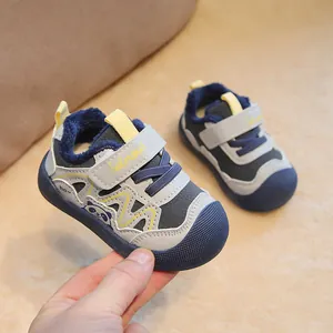 Thick fleece-lined baby winter walker shoes with cute panda cartoon and soft sole.