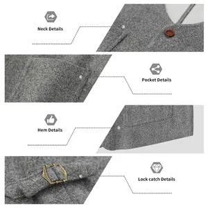 Detailed views of neck, pocket, hem and buckle adjuster on a grey wool vest