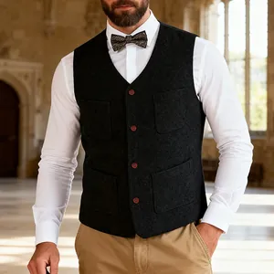 Detailed view of a men's heavy wool waistcoat featuring four pockets and premium buttons.