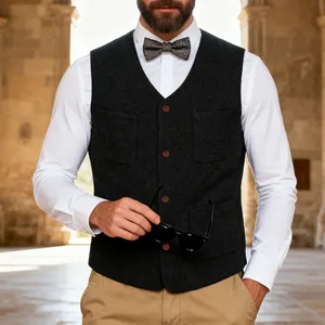 Detail of a charcoal wool waistcoat for men in a refined vintage business casual style