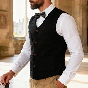 Close-up of a men's heavy wool-blend vest in charcoal with vintage patch pockets