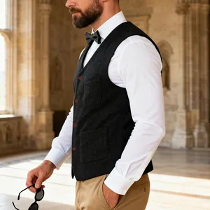 Close-up of a men's heavy wool vest in charcoal grey featuring a slim-fit vintage design.