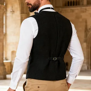Back view detail of a charcoal wool blend waistcoat for men with adjustable buckle