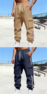Schwere Herren-Cargohose mit Seitenstreifen in Khaki und Marineblau, Detail