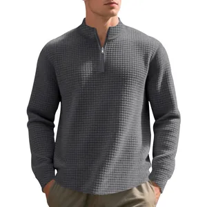 Elegante pullover da uomo in maglia a nido d'ape grigio con mezza zip e collo alla coreana